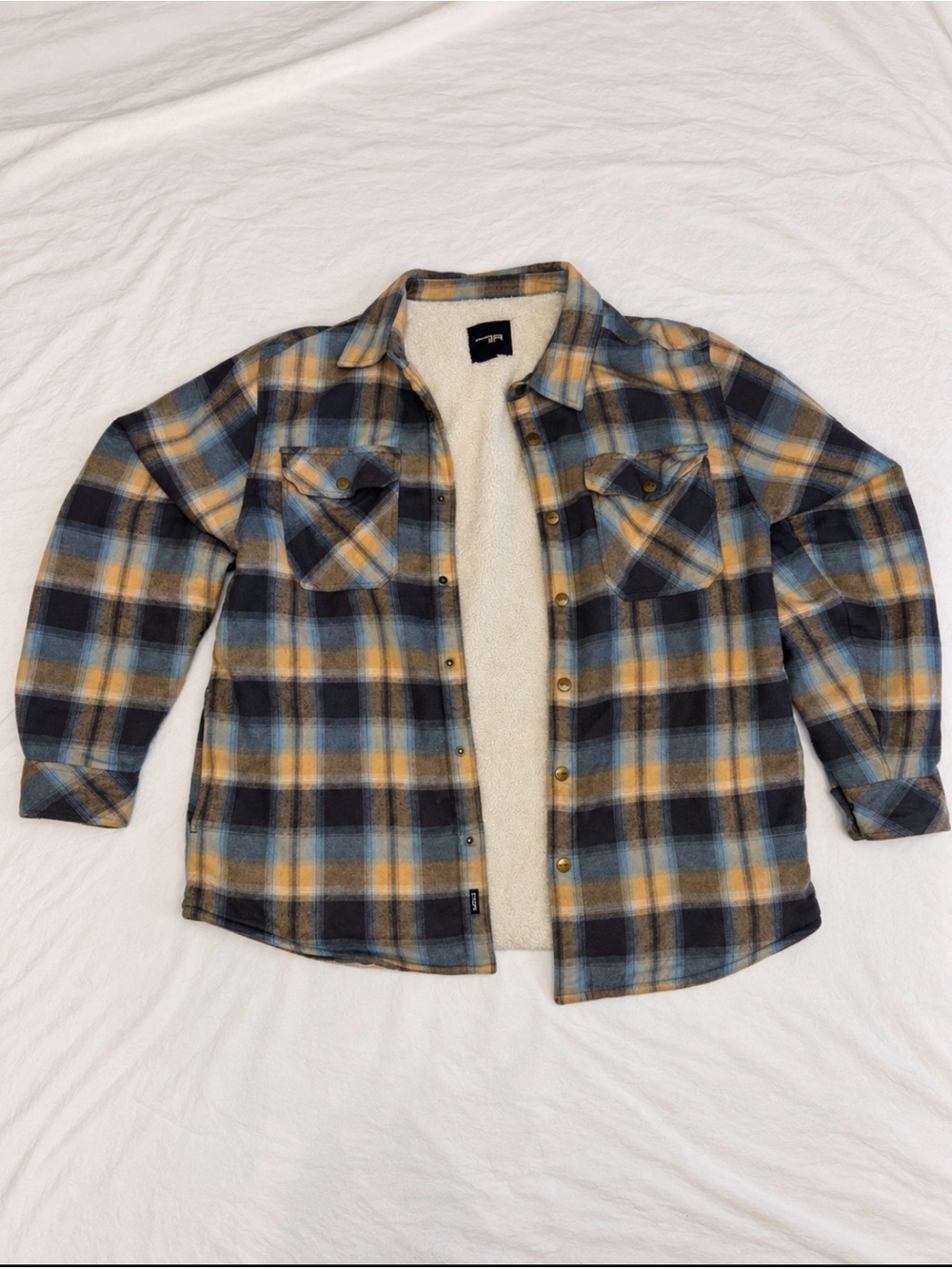 CQR Men's XL Plaid Sherpa Lined Button-Up Shirt Jacket w/ Pockets Blue
